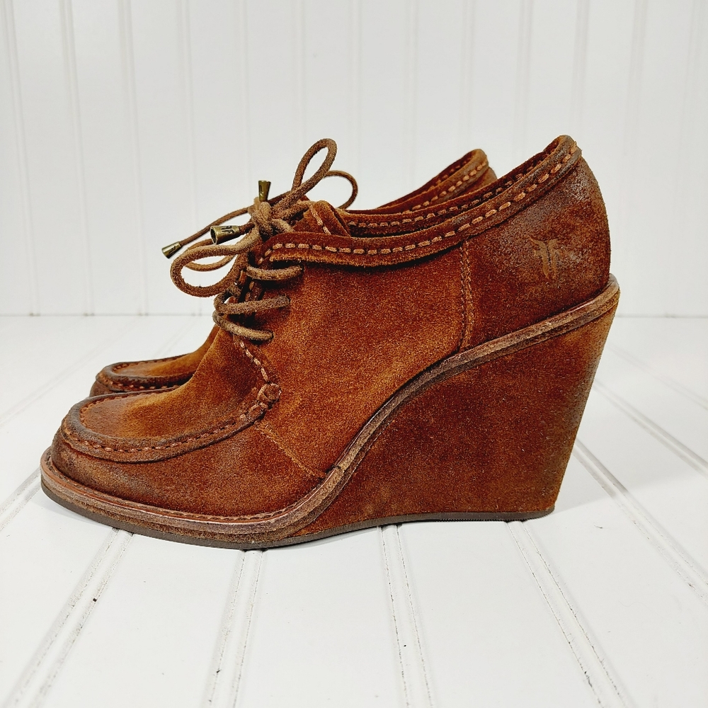 Frye Caroline Lace-Up Wedges Oxford Brown Suede Leather Wedge Booties B506